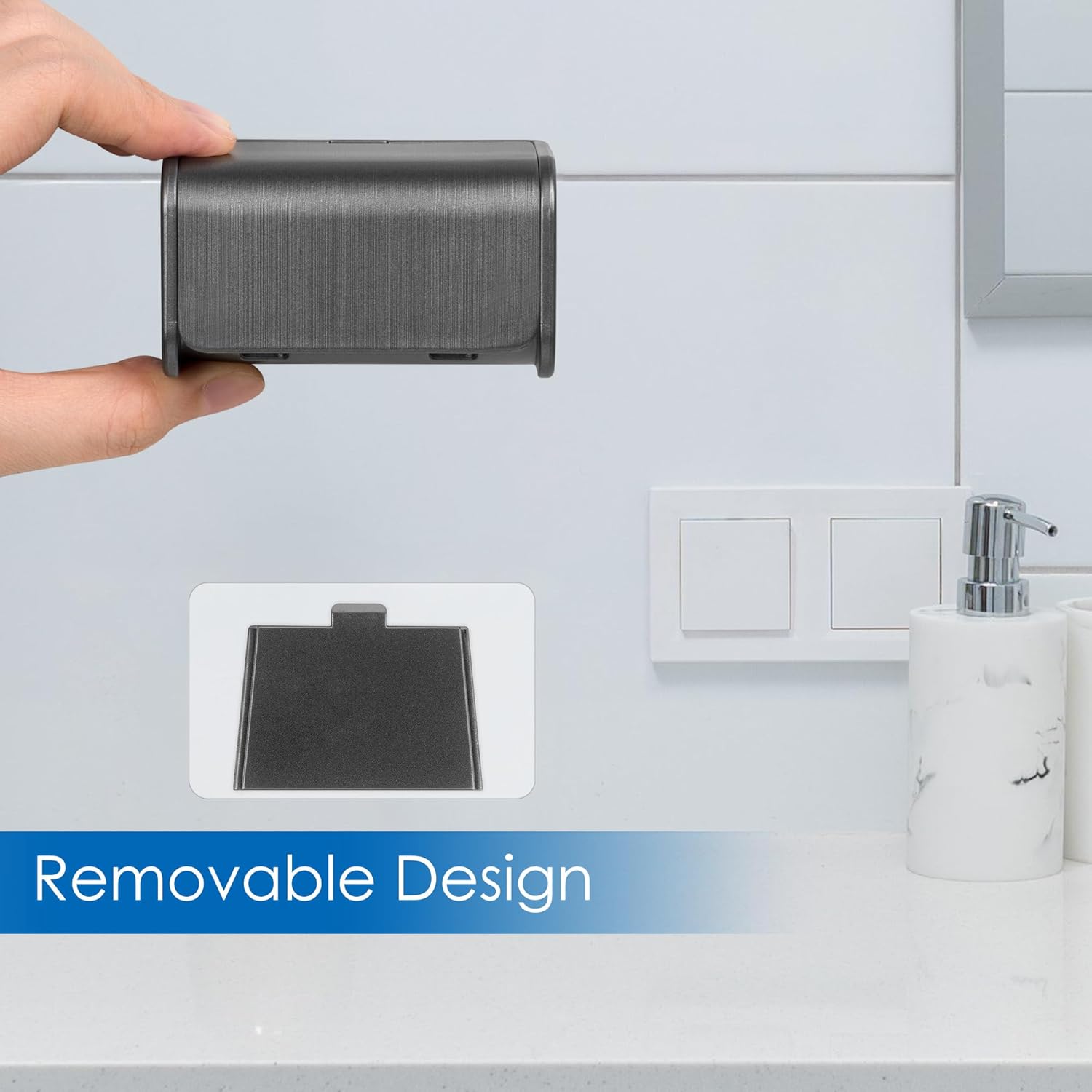 2 PCS Toothbrush Holder Wall Mounted with Cover for Bathroom, 2 Slots Toothbrush Storage Organizer for Shower, Self Adhesive Toothbrush Hanger Rack for Dorm, Cabinet (Brushed Grey)