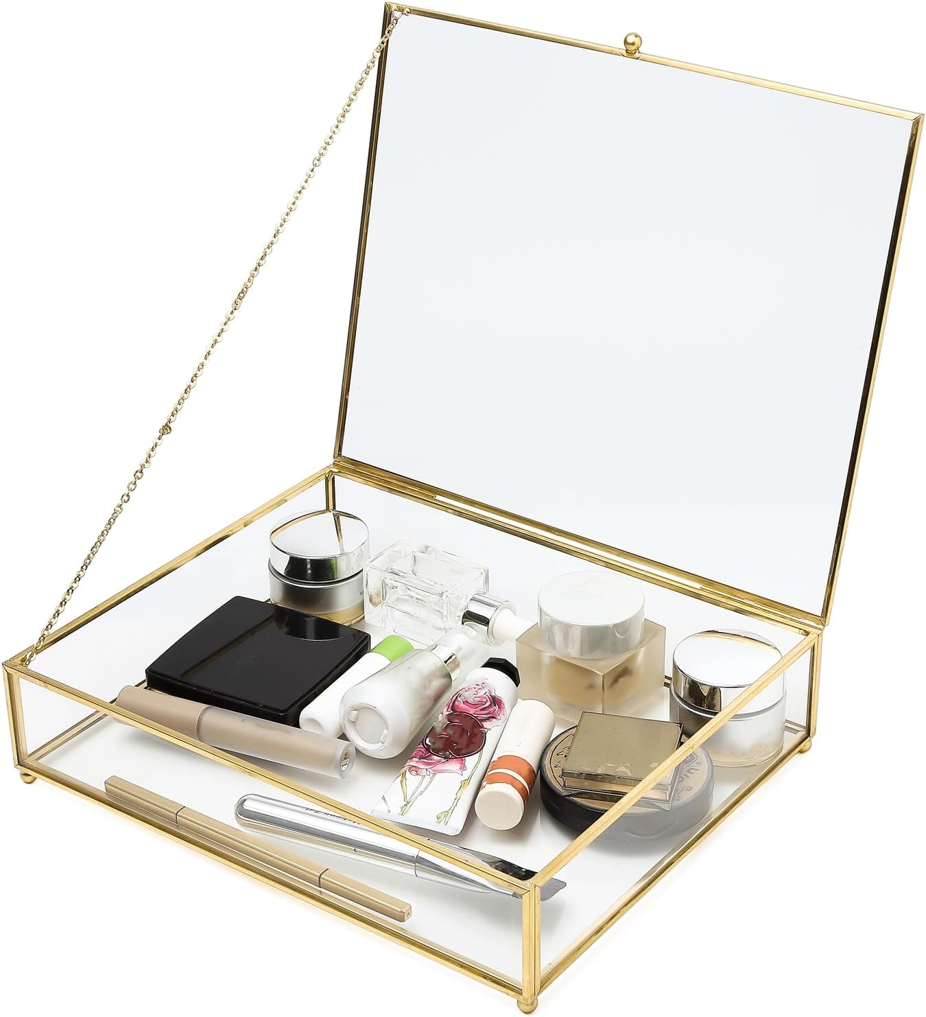 Vintage Glass Jewelry Box Keepsake Box with Hinged Lid, Clear Rectangle Storage Box Great for Storage Trinket/Jewelry/Card/Photo,Gift for Birthday Wedding-GCB009-Large