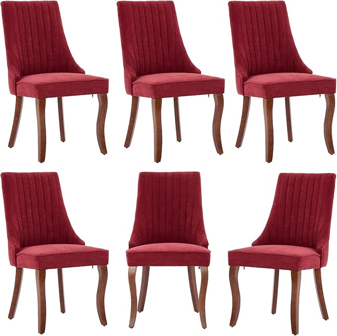 Dining Chairs Set of 6,Comfy Fabric Upholstered Accent Chairs for Kitchen Living Room,Channel Tufted Dining Room Chairs with Curved Solid Wood Legs(Wine Red)