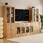TUSY 71" TV Stand Storage Set - 2 Tall Bookcases & 2 Side Cabinets, Media Console with Glass & Wood Doors, Entertainment Center with Drawers, Tall Media Console for Living Room (Wood, AFFA)