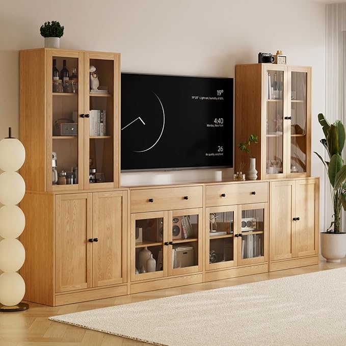 TUSY 71" TV Stand Storage Set - 2 Tall Bookcases & 2 Side Cabinets, Media Console with Glass & Wood Doors, Entertainment Center with Drawers, Tall Media Console for Living Room (Wood, AFFA)