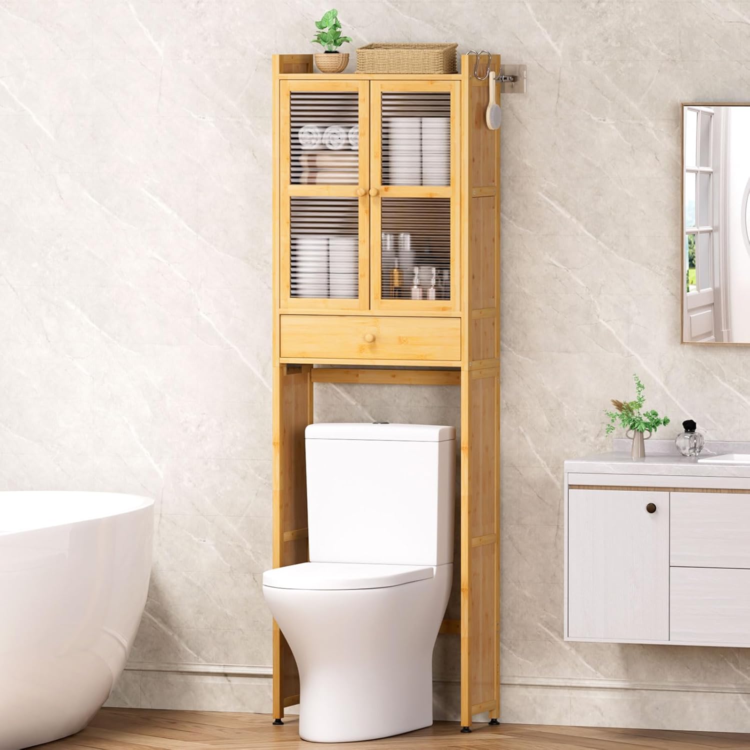 Over The Toilet Storage Cabinet: Bathroom Organizer Shelf with 1 Drawer and 2 Doors - Bamboo Saver Space Freestanding Rack for Restroom