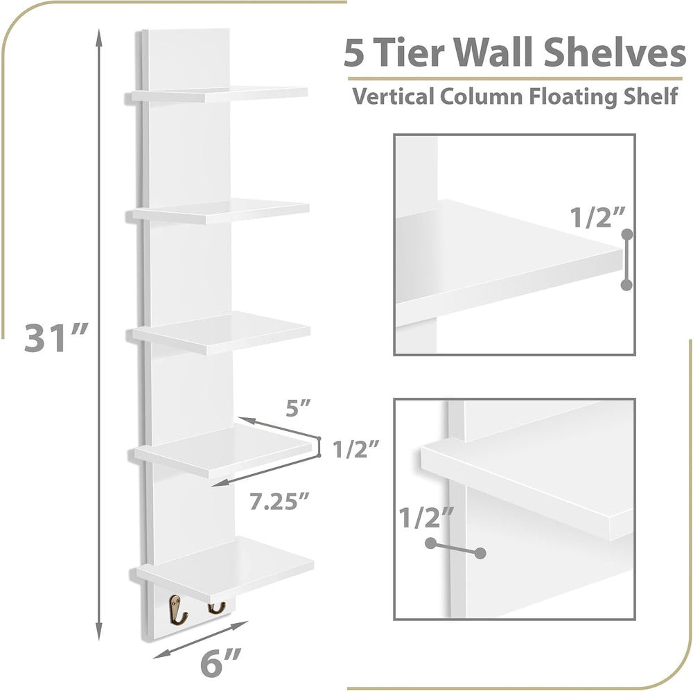 Sorbus 5-Tier Floating Wall Shelf with Hooks, 31 Inch (1 Pack, White)