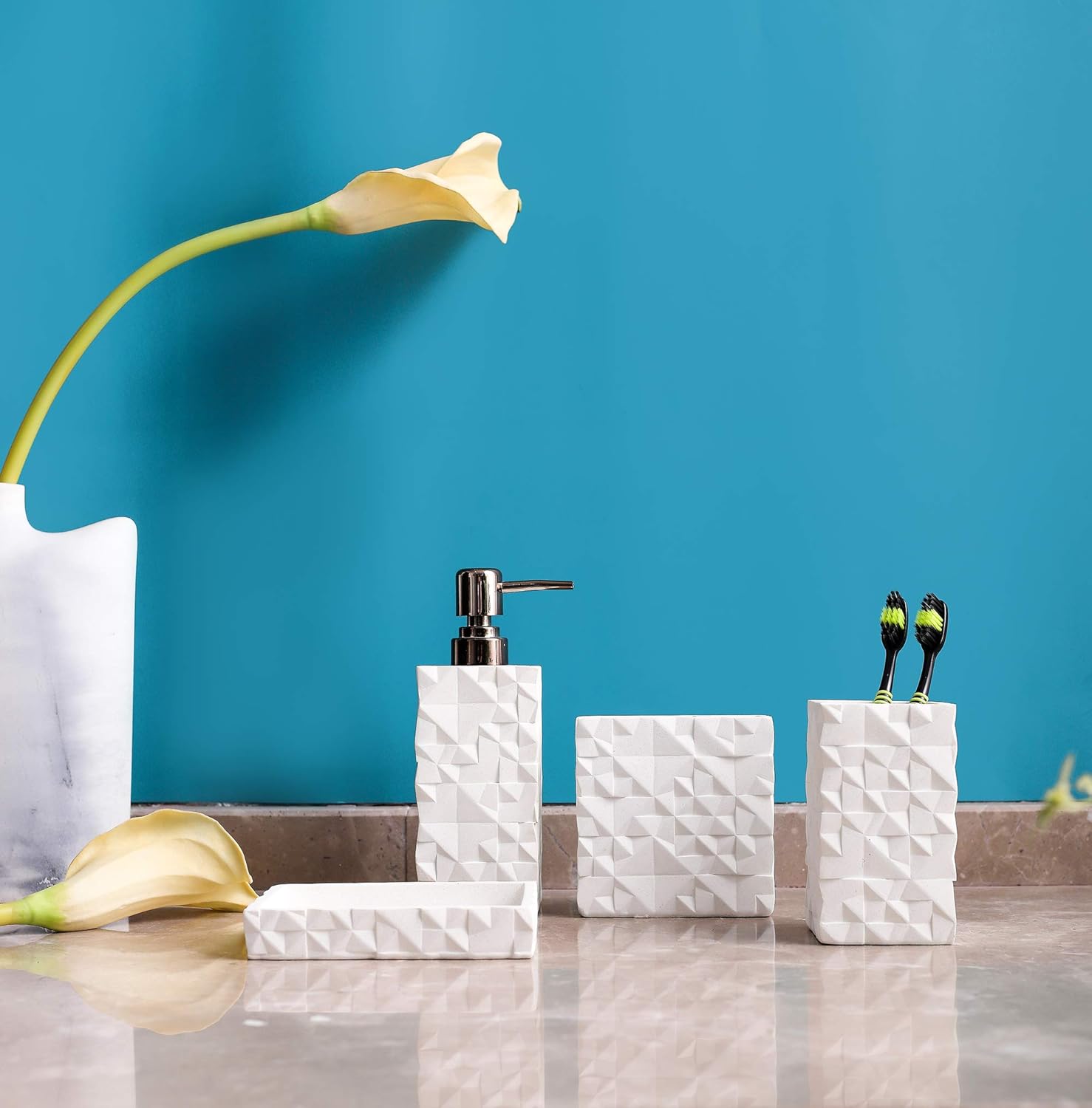 Hymmah Bathroom Accessories Set,Toothbrush Holder,Farmhouse Bathroom Decor,4 Pcs Resin Gift Set Apartment Necessities, Contain Toothbrush Cup,Soap Dispenser,Soap Dish,Tumbler