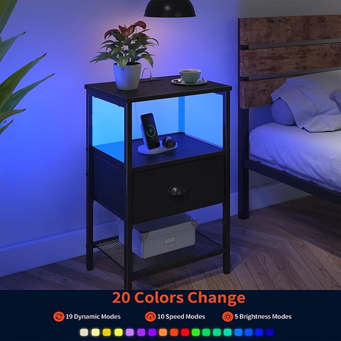Sthmec Nightstands with Charging Station, LED Bedside Tables with Charging St...