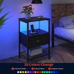 Sthmec Nightstands with Charging Station, LED Bedside Tables with Charging Station and Fabric Drawer, Night Stand with Storage, 3 Tier Side Table with Open Shelf, LED Nightstand Bedside Table,Black