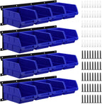 Maitys Wall Mounted Storage Bins Plastic Hanging Stackable Storage Parts Garage Tool Organizer for Screws, Nuts, Bolts, Nails, and Small Hardware Parts, 16x Bins & 4 x Rails(Blue)