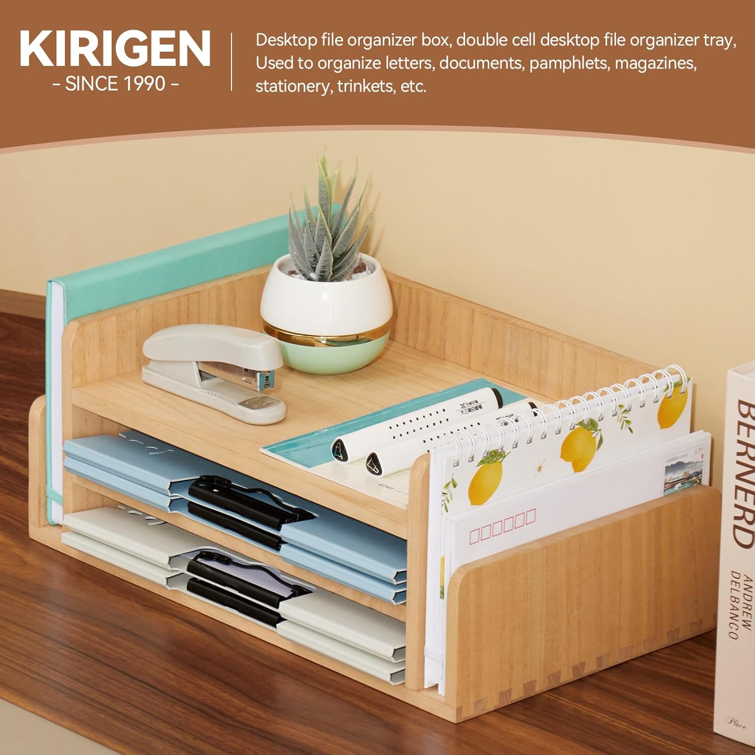 KIRIGEN Wood 3-Tier Office Desktop Document Tray - Mail Sorter Organizer Rack - Wooden Document Letter Stand for Folders, Mail, Stationary, Desk Accessories Natural(2TP-NA)