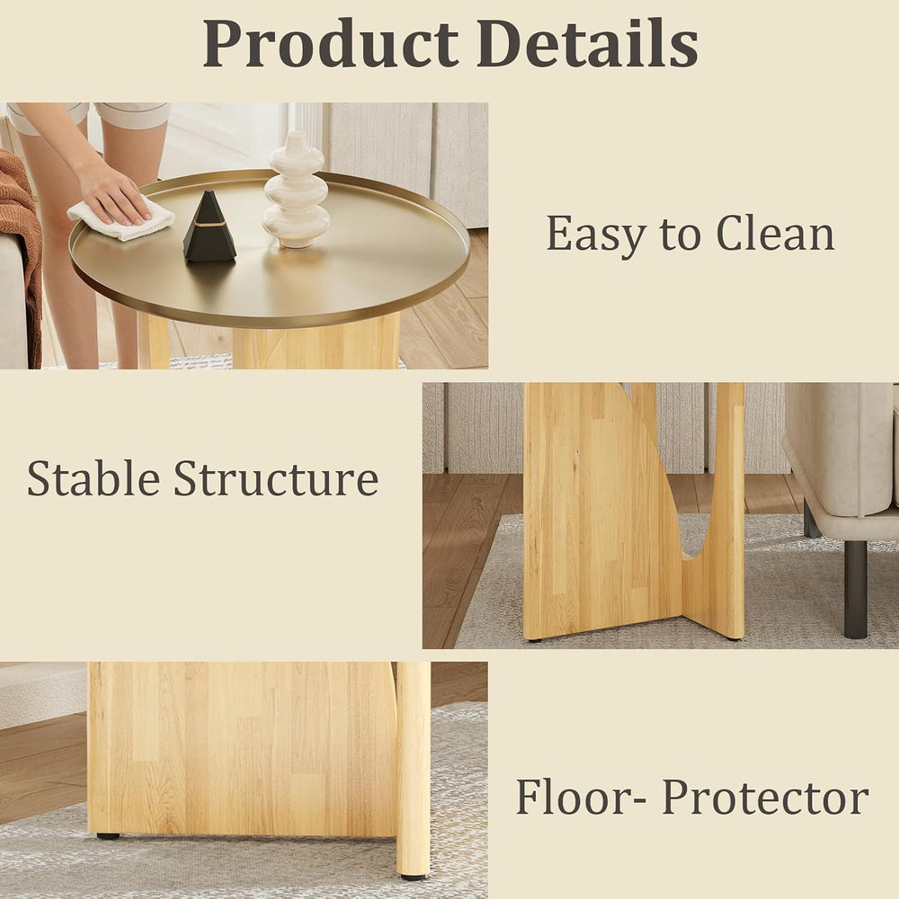 Farmhouse Rubberwood End Table, Beige Rustic End Table with Stainless Steel T...