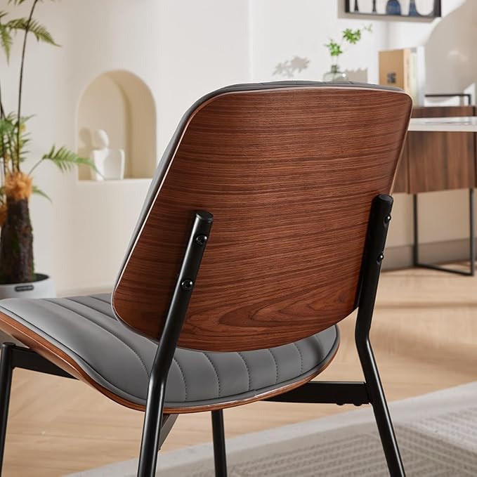 Dining Chairs Set of 4, Mid-Century Modern Upholstered PU Leather Chairs with Walnut Bentwood Back and Metal Legs Adjustable Feet for Kitchen Dining Room, Gray Vertical Stripes