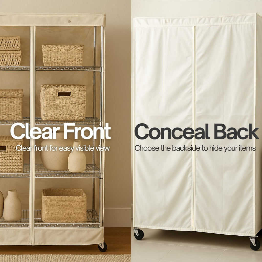 Formosa Covers Premium Clear Front Wire Shelf Steel Rack Cover Off White - Heavy-Duty Storage Solution for Wire Shelving Rack (48”Wx18”Dx72”H) - Waterproof PVC, Water/Dust Resistant Fabric, Zippers | Keep It Clean & Seen | Dustproof Waterproof 300D