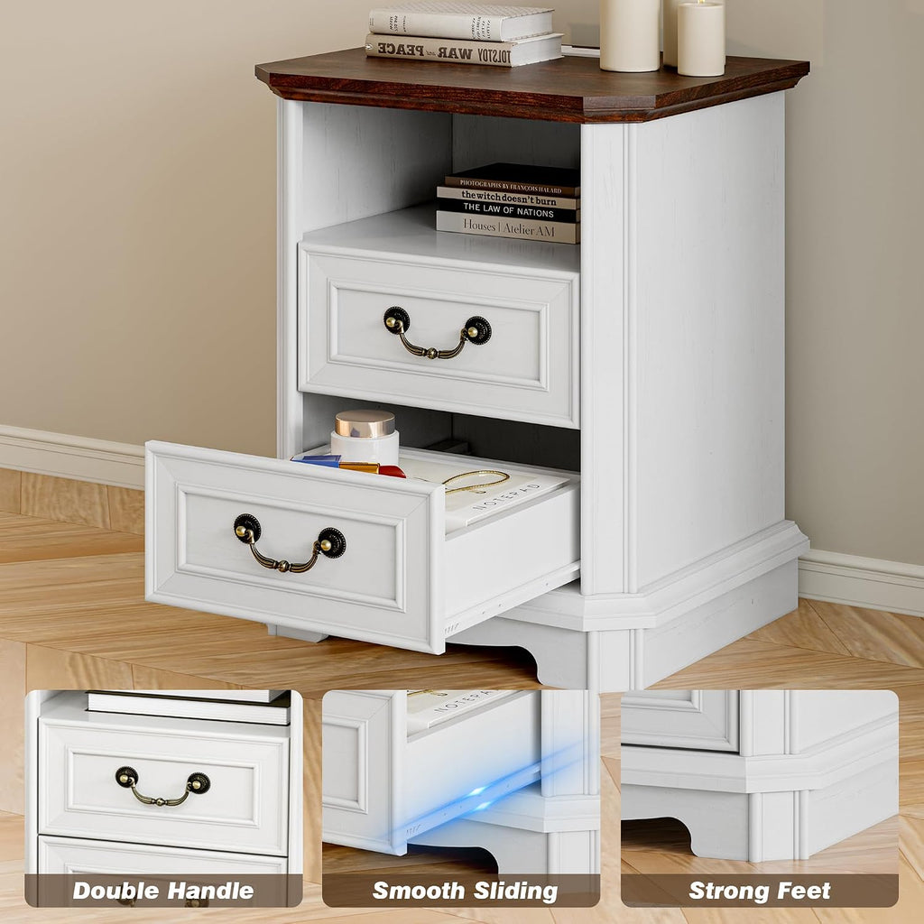 Xixini 18" Farmhouse 2-Drawer Wood Nightstand with Charging Station, White | Rustic Bedside Table with Vintage Metal Handles, Open Shelf, Spacious Storage, Sturdy Base Design, End Table for Bedroom
