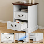 Xixini 18" Farmhouse 2-Drawer Wood Nightstand with Charging Station, White | Rustic Bedside Table with Vintage Metal Handles, Open Shelf, Spacious Storage, Sturdy Base Design, End Table for Bedroom