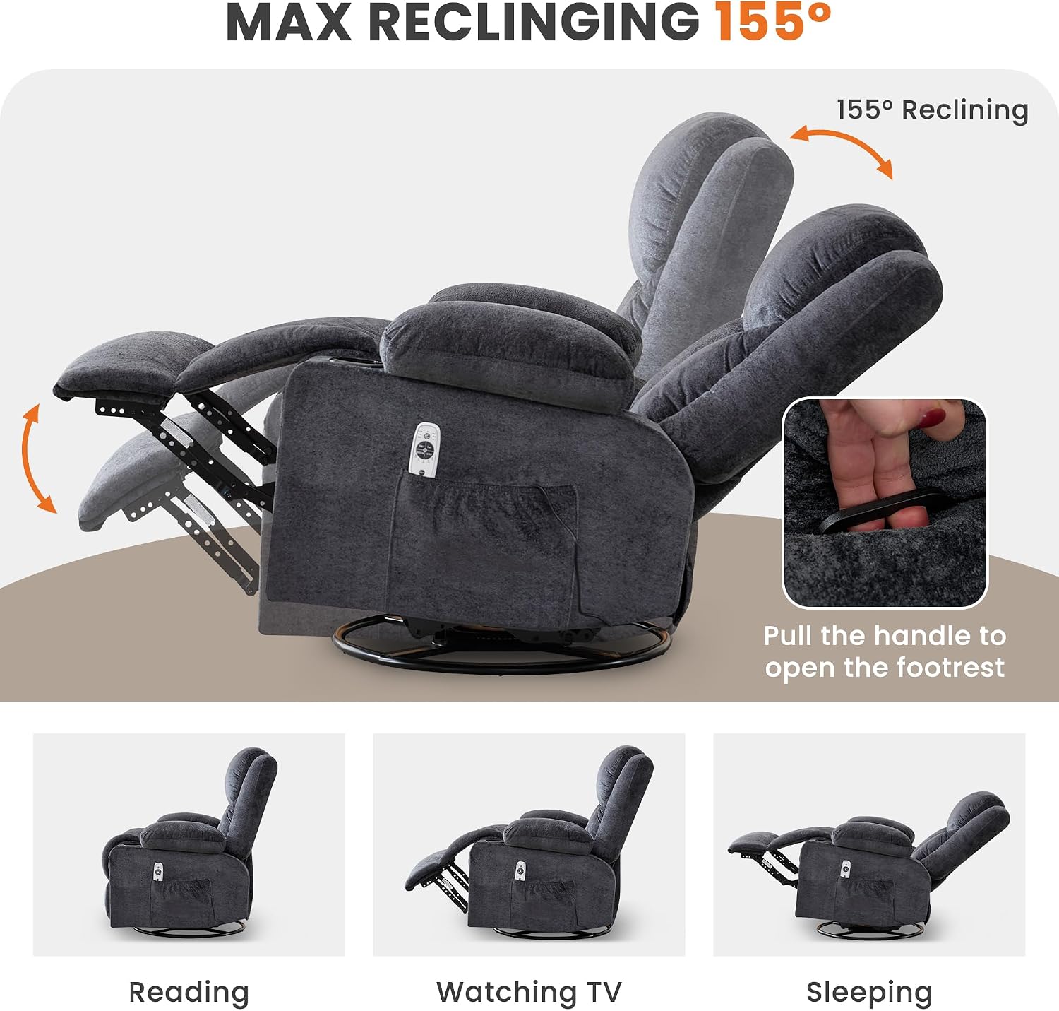 Swivel Recliner Chair for Adults,Oversized Rocker Recliner with Massage and Lumbar Heat,Rocking Chair with Side Pocket,2 Cup Holders,for Living Room