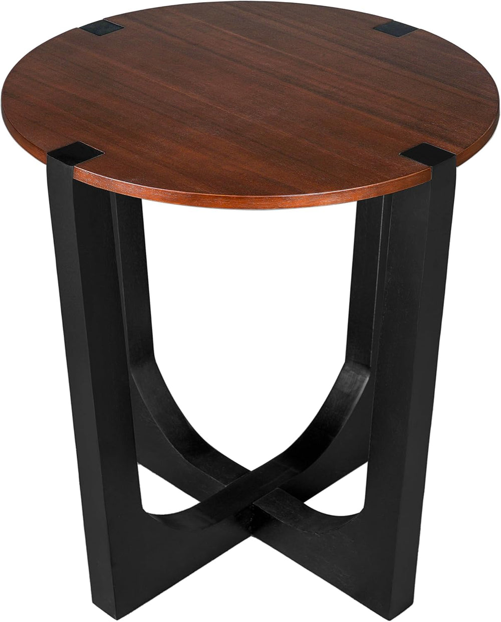 Round Wood Side End Table, Modern Industrial Accent Table with Curved Black M...