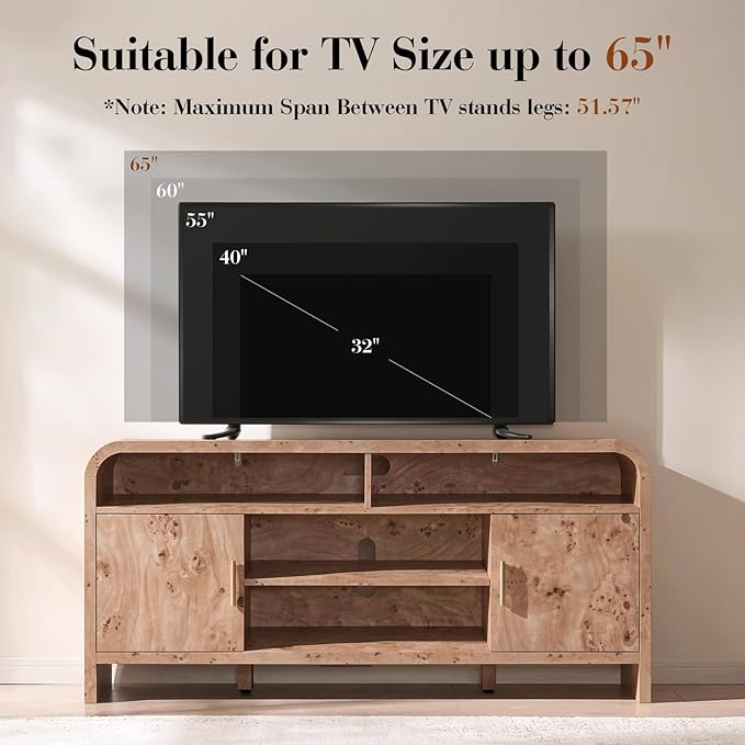 TV Stand for TVs Up to 65'' - [Unique Curved Profile, FSC-Certified Wooden Board] Entertainment Center with Adjustable Shelves and Storage Cabinet Modern Media Console for Living Room