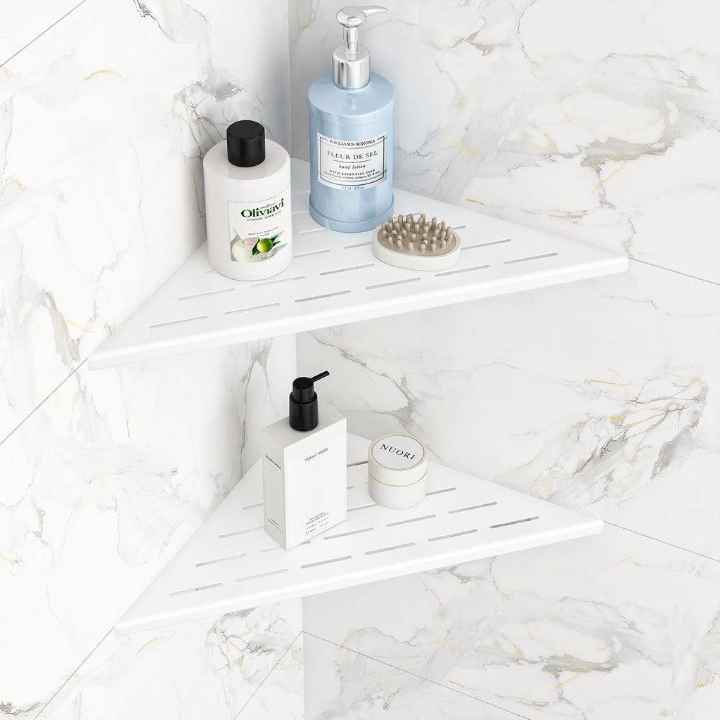 Corner Shower Shelves, 12” Recessed Tile Shower Shelf, 304 Stainless Steel Grout in Corner Tile Shower Shelves, No Drilling, Matte White, 2 Pack