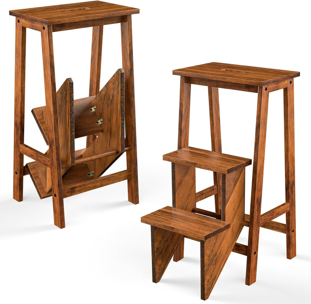 Giantex 3 Tier Folding Step Ladder, Multifunction 3-in-1 Wood Step Stool, Dis...