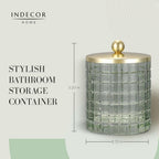 Sage Colored Tranlucent Apothecary Etched Geometric Grid Glass Jar W/Gold Metal Lid Cover for Bathroom Organization, Cotton Balls, Q Tips, and Small Accessories, Bathroom Storage