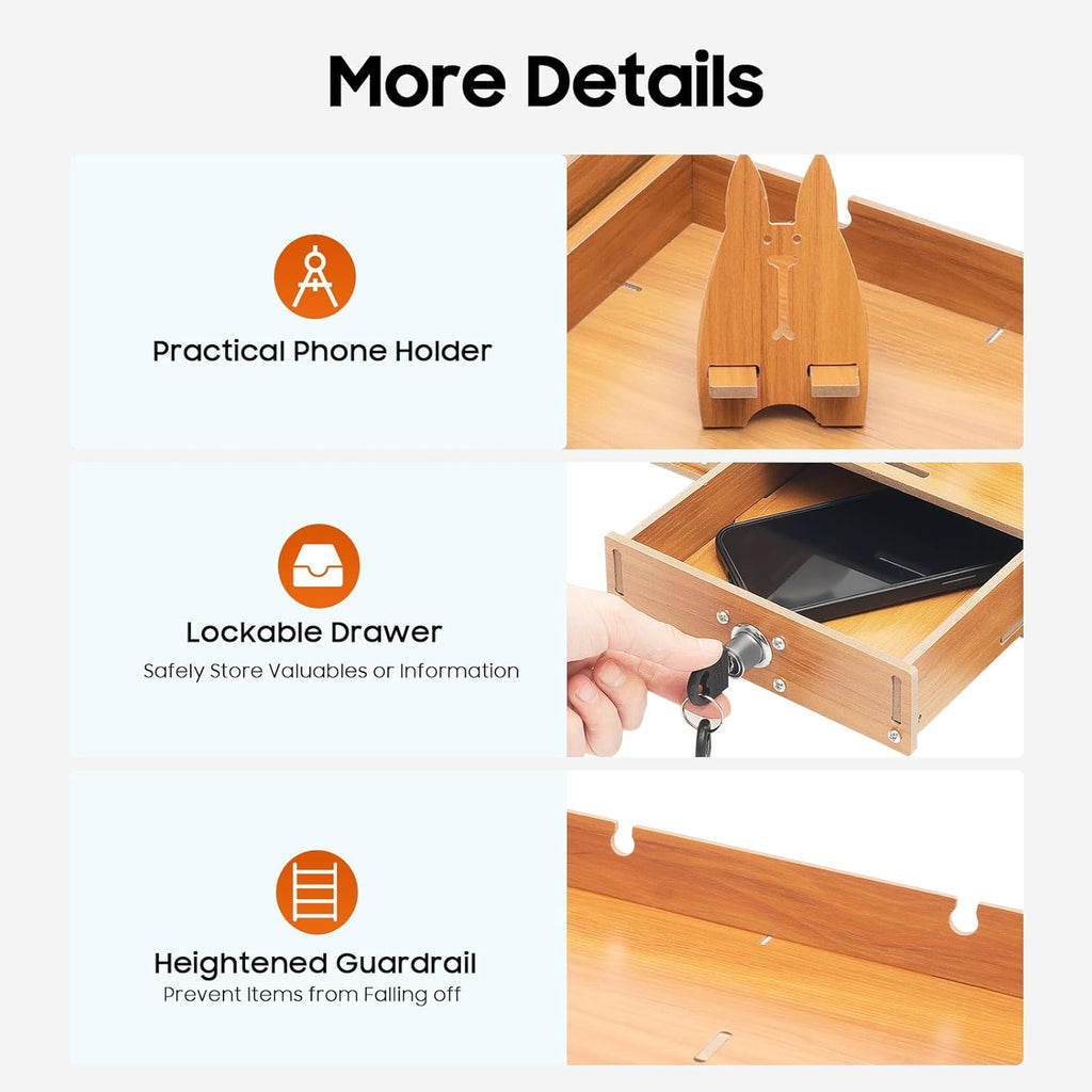 Wood Monitor Stand With Drawers,Desk Organizer With Lockable Drawer & Phone Holder, Computer Monitor Riser Stand With Storage Shelf,Multi-Purpose Desktop Storage Stand For Computer, Laptop, Printer