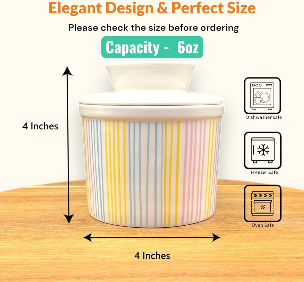 Butter Crock with Lid for Countertop, Butter Keeper Crock with Water, French Butter Dish Ceramic, Butter Holder with Lid for Spreadable Butter, Butter Container for Counter (Pastel Stripes, white)