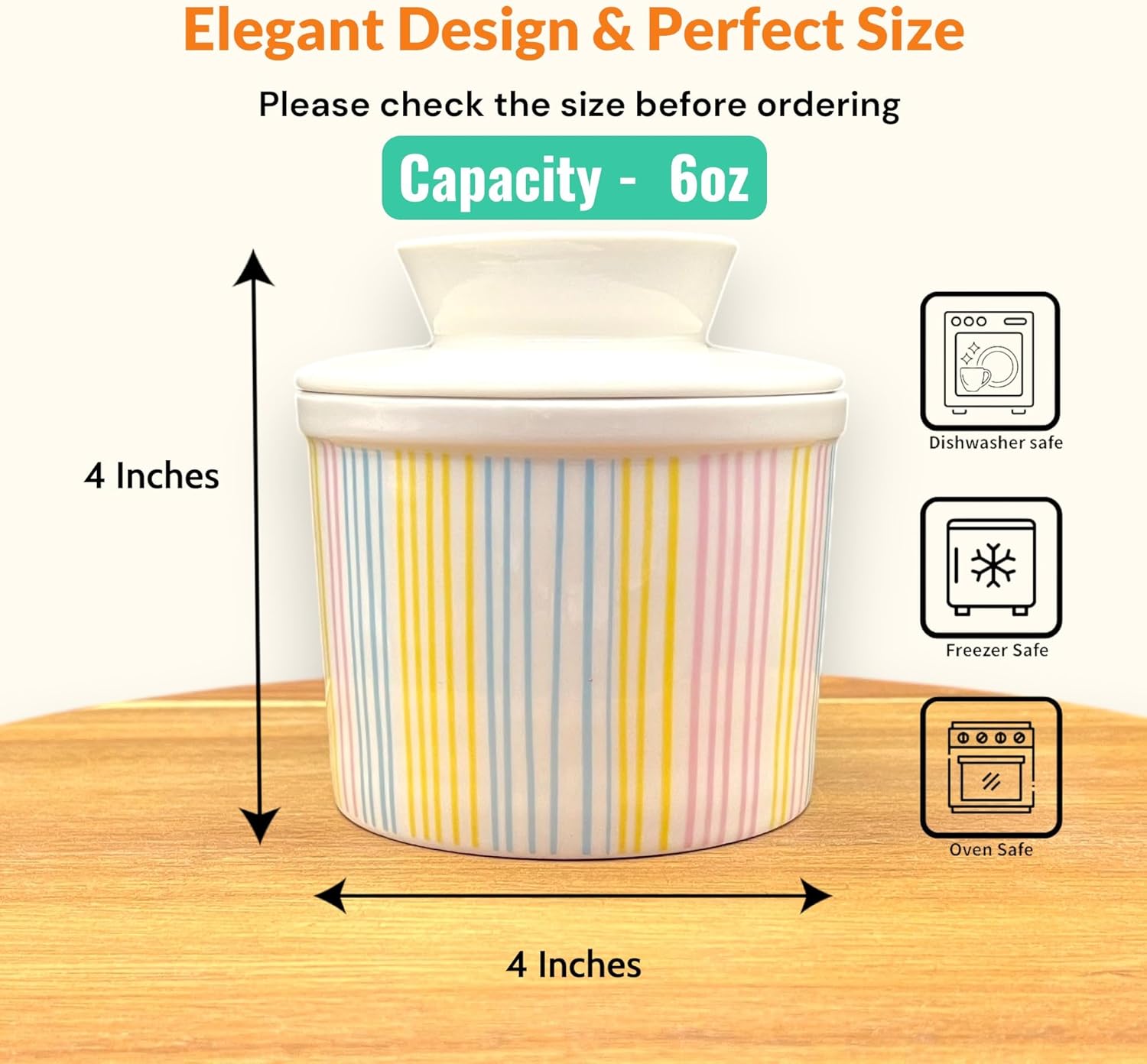 Butter Crock with Lid for Countertop, Butter Keeper Crock with Water, French Butter Dish Ceramic, Butter Holder with Lid for Spreadable Butter, Butter Container for Counter (Pastel Stripes, white)