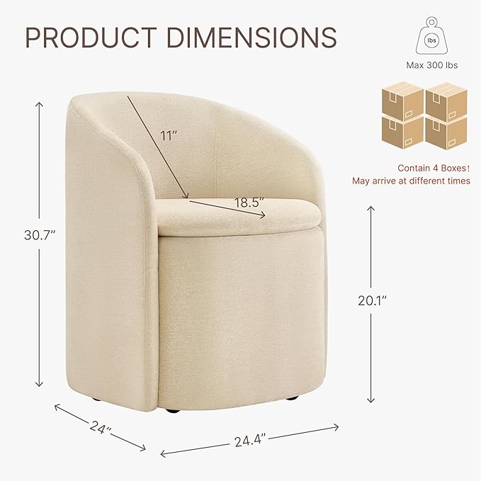Upholstered Dining Chairs with Casters, No Assembly Rolling Modern Dining Room Chairs with Hidden Storage & Barrel Backrest, Accent Chair for Bedroom, Living Room, Dressing, Sand, Set of 4
