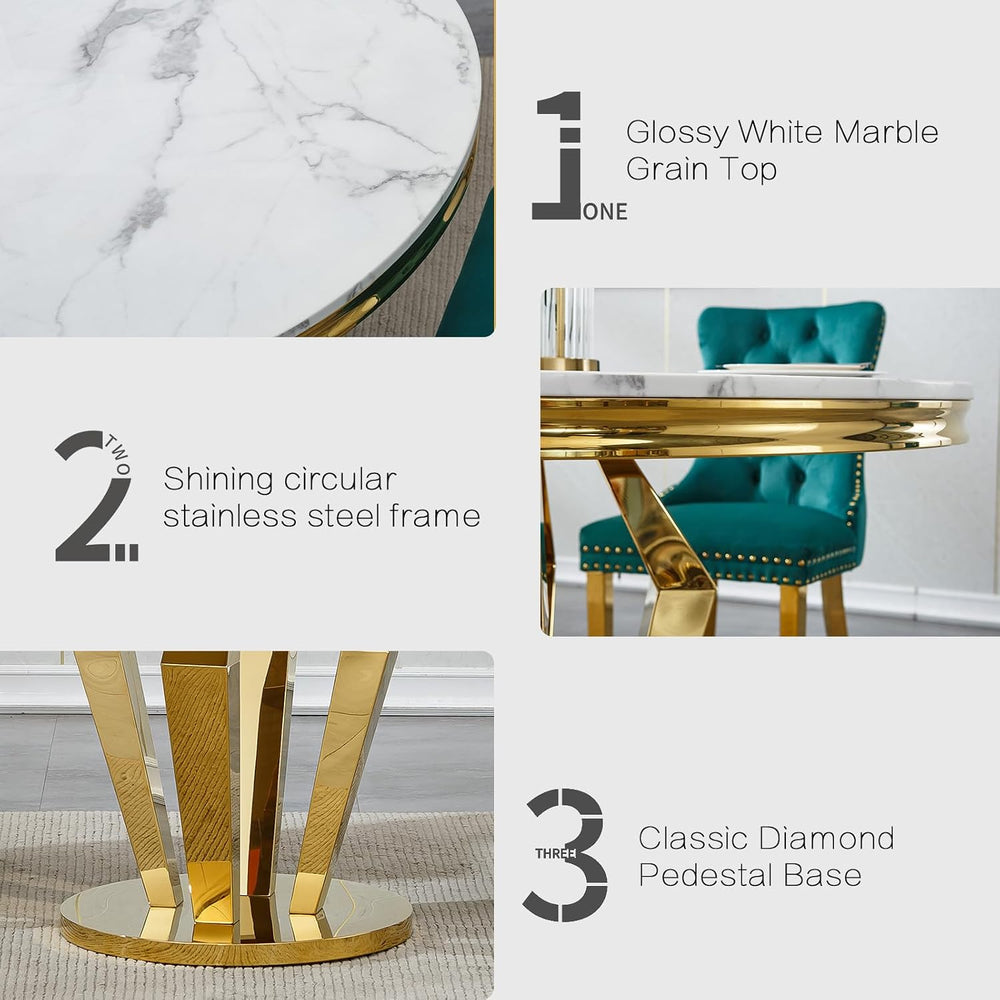 3-Piece Round Marble Dining Table Set for 4 with Velvet Chairs | Modern Faux ...