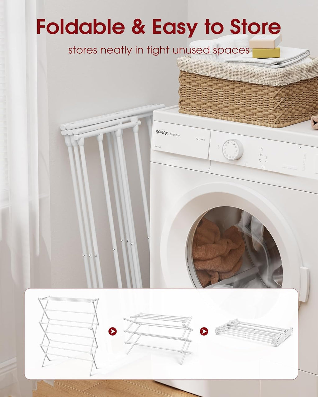 Sakugi Foldable Clothes Drying Rack – Metal Laundry Drying Rack with Non-Slip Feet, 3-Tier Space-Saving Clothing Rack for Organization, Indoor & Outdoor Use, 11.4" D x 29.1" W x 37.4" H, White