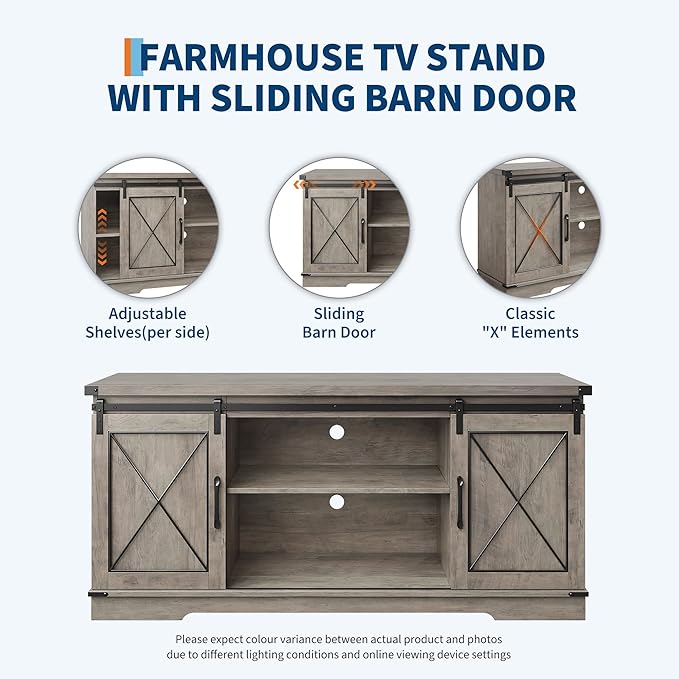 IDEALHOUSE Farmhouse TV Stand for 65 inch TV, Entertainment Center with Sliding Barn Doors and Adjustable Shelves, Rustic Wood Media Console Table for Living Room, Bedroom, Grey