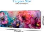 Floral Mouse Pad XXL – Large Desk Mat with Abstract Alcohol Ink Flowers in Pink, Purple & Teal, Extended Mousepad with Non-Slip Base for Office, Workstation, Gifts,31.5 x 11.8 in