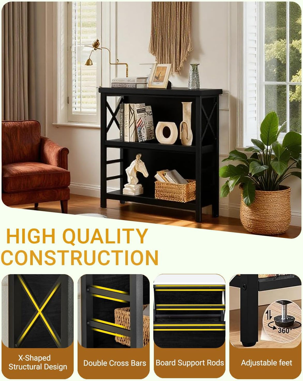 MNEETRUNG Small Bookshelf,3 Tier Industrial Bookcase with Metal Frame and Backboard,Low Black Book Shelf,Book case for Small Spaces,Living Room,Bedroom and Home Office