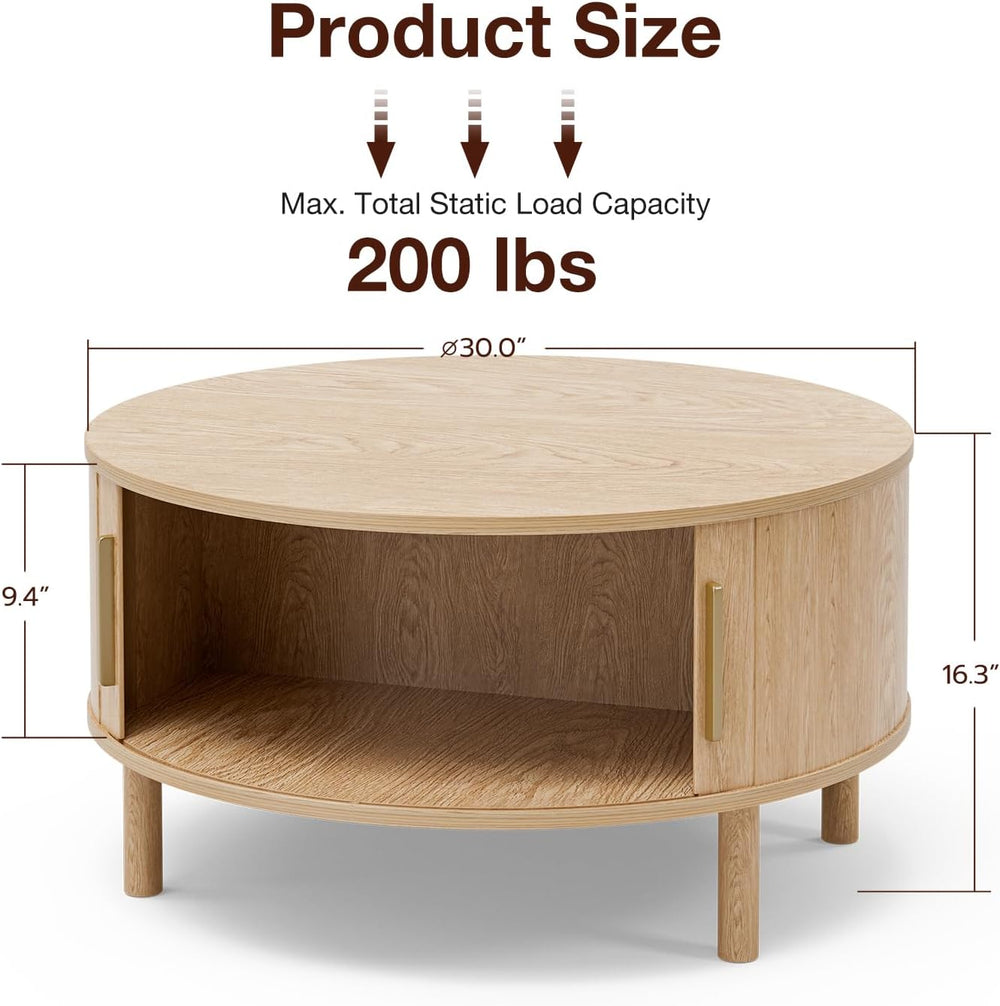 ZttRiee Round Coffee Table with Sliding Doors, Modern, Natural