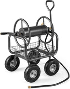 Goplus Garden Hose Reel Cart, 300 FT of 5/8" Large Capacity, Heavy-Duty Metal Hose Cart w/ 4 Wheels, Storage Basket, Portable Water Hose Organizer for Outside Yard, Outdoor Planting Tool (Black)
