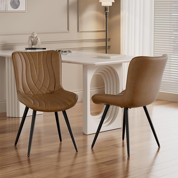 Dining Chair Set of 2 PU Leather Dining Room Chairs Upholstered Comfy Dining Chairs Modern Kitchen Armless Side Chair with Sturdy Metal Legs,Brown