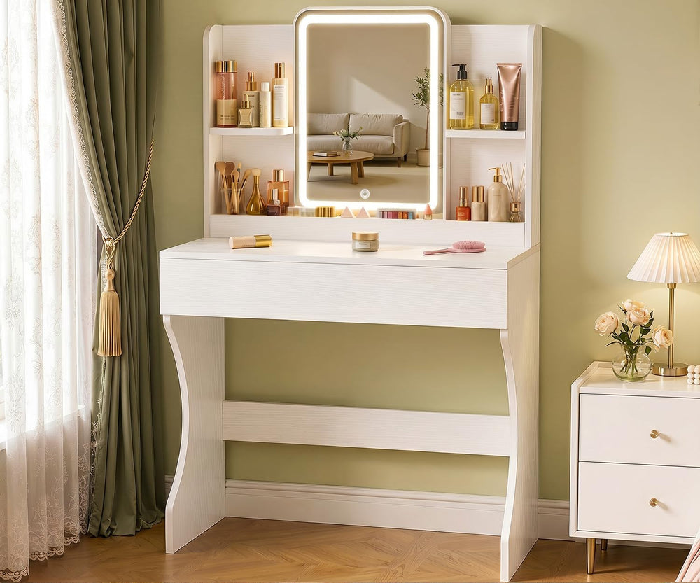 White Small Vanity Desk with Mirror and 3 Adjustable Light Modes | Dimmable L...