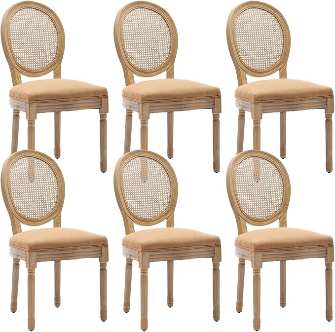French Country Dining Chairs Set of 6,Farmhouse Upholstered Dining Room Chairs with Round Back and Solid Leg,Rattan Kitchen Chairs for Kitchen/Bedroom/Dining Room,Tan