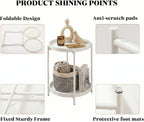 TeoKJ 2 Tier Round Side Table, Folding Round Metal End Table Small Nightstand with Two Removable Tray for Bedroom Living Room Bedside Small Spaces White