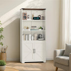 VINGLI Bookcase with Doors and Adjustable Shelves, Steel 70" Tall Bookshelf, 6-Tier Farmhouse Metal Storage Cabinet for Study, Living Room, Home Office, Kitchen Pantry, White Display Cabinet