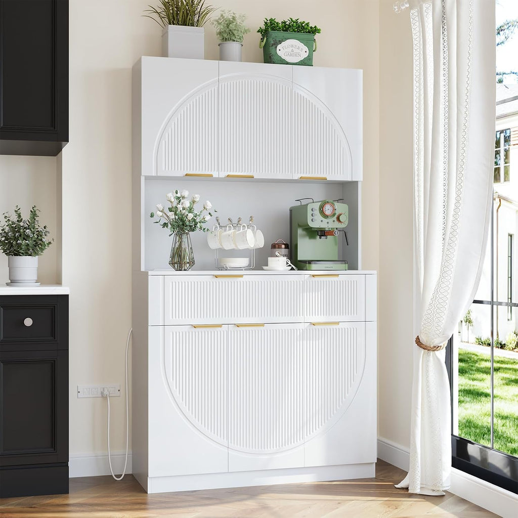 71" Kitchen Pantry Cabinet with Build-in Charging Station, White Modern Kitchen Cabinet Hutch with Drawers & Microwave Stand, Pantry Buffet with Countertop for Dining Room, White