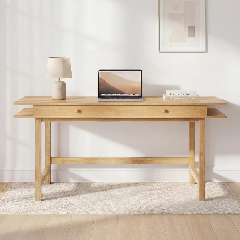 60in Solid Wood Desk - Oak Double-Top Writing Table with Drawers