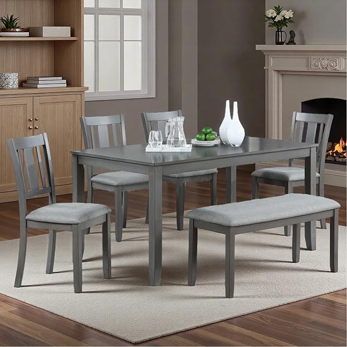 Dining Table Set for 6, 6-Piece Kitchen Table Chairs Set with Rectangular Table, 4 Slatted Upholstered Chairs and Bench, Wooden Farmhouse Rustic Style Kitchen Dining Set for 6 Person, Gray