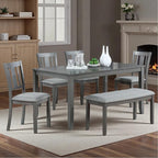 Dining Table Set for 6, 6-Piece Kitchen Table Chairs Set with Rectangular Table, 4 Slatted Upholstered Chairs and Bench, Wooden Farmhouse Rustic Style Kitchen Dining Set for 6 Person, Gray