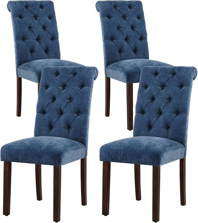 Tufted Dining Chairs Set of 4, Upholstered Parsons Dining Room Chairs, Fabric Kitchen Side Chair with Wood Legs, Blue