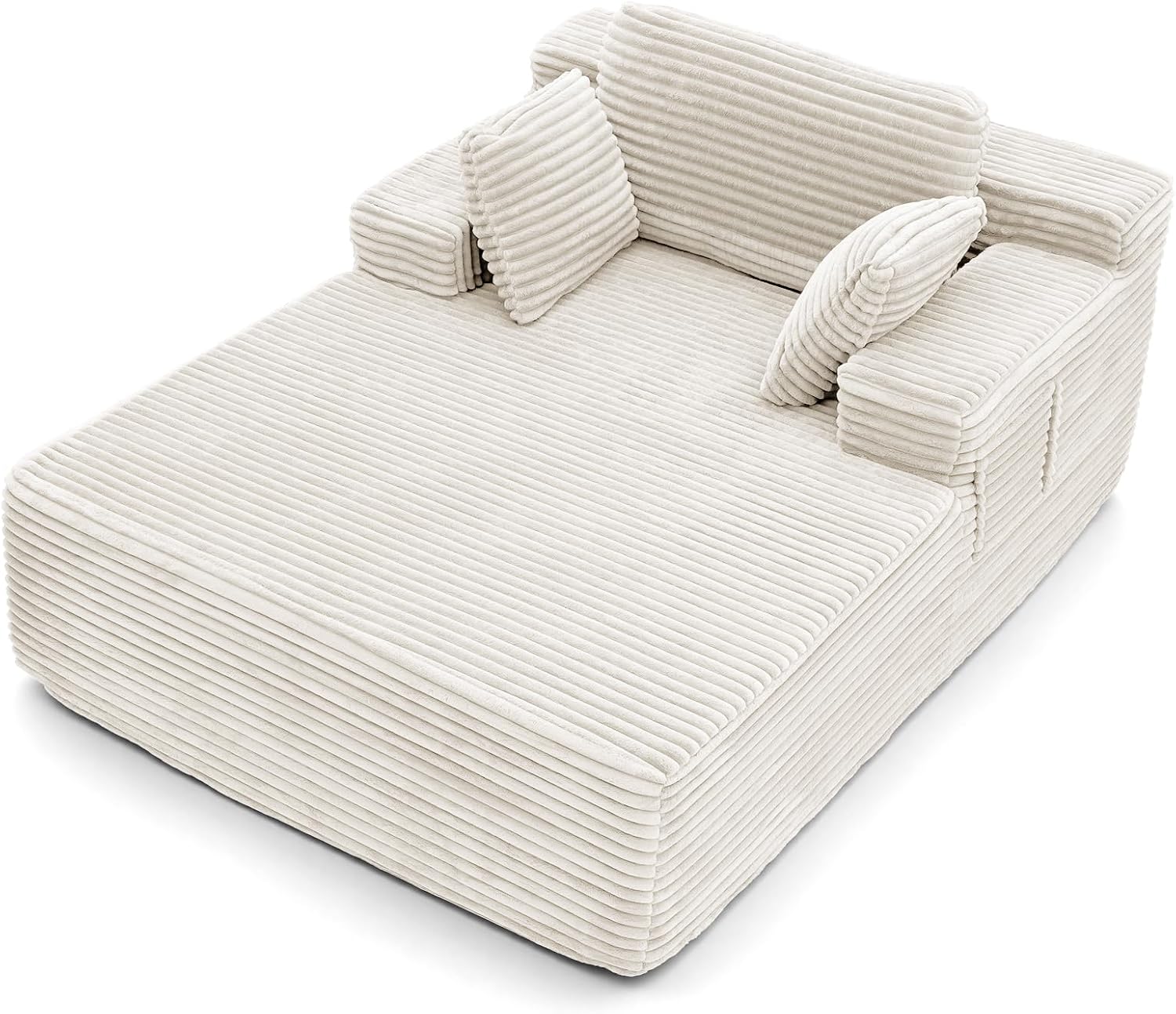 Boneless Chaise Lounge, 67" Oversized Chaise Lounge Chair Indoor with Side Pockets&Wide Armrests, Deep Seat Sleeper Sofa Bed, Cloud Corduroy Couch (Off-White, with Pockets)