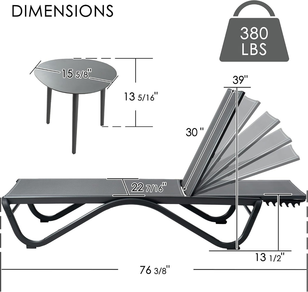 Kozyard 3-Piece Outdoor Chaise Lounge Chair Set, All Aluminum Frame | Textilene Fabric, Fully Flat Adjustable Reclining Patio Lounger for Poolside, Sunbathing & Backyard, Gray, 2Chairs + Table