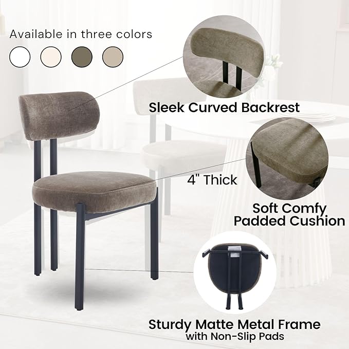 LukeAlon Chenille Dining Chairs Set of 2, Modern Upholstered Armless Kitchen Chairs with Black Metal Legs Curved Back Dining Room Chairs Reception Chair for Living Room Office, Green