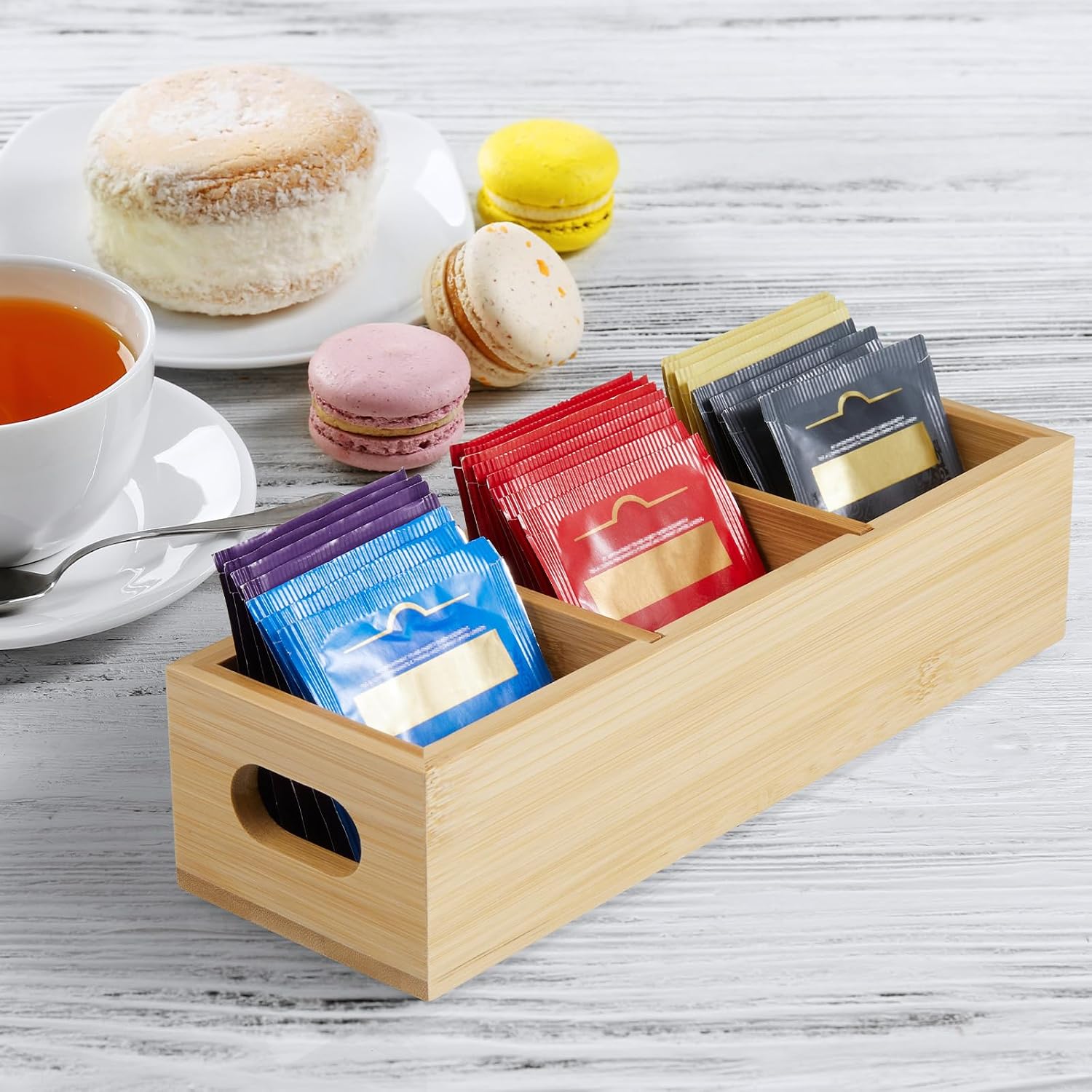 Tea Bag Organizer, Bamboo Tea Bag Holder, Tea Storage Containers 3 Slots | Tea bag holder