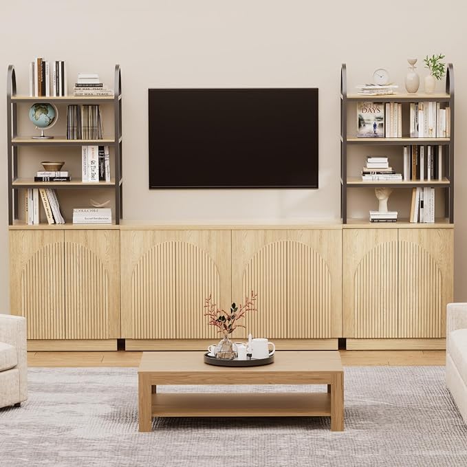 Yechen 110" Modular Entertainment Center with Bookshelves for up to 55", Mid Century Modern TV Stand with Storage, TV Cabinet with Adjustable Shelves, Living Room, Natural Oak (3 PCS)