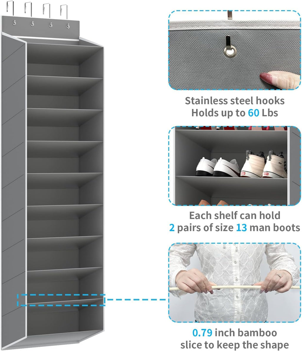 REGELETO 10 Tiers Large Size Over Door Shoe Organizer Storage, Hanging Shoe Rack for Door with Deep Pockets, Fit 20-30 Pairs Shoe Organizer Holder for Sneakers and Boots (Grey)